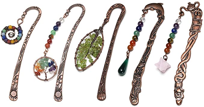 JOVIVI 5pcs Antique Copper Metal Bookmark Beading Bookmarks with Handmade 7 Chakra Healing Crystals Tree of Life Tumbled Gemstones Assorted Beads