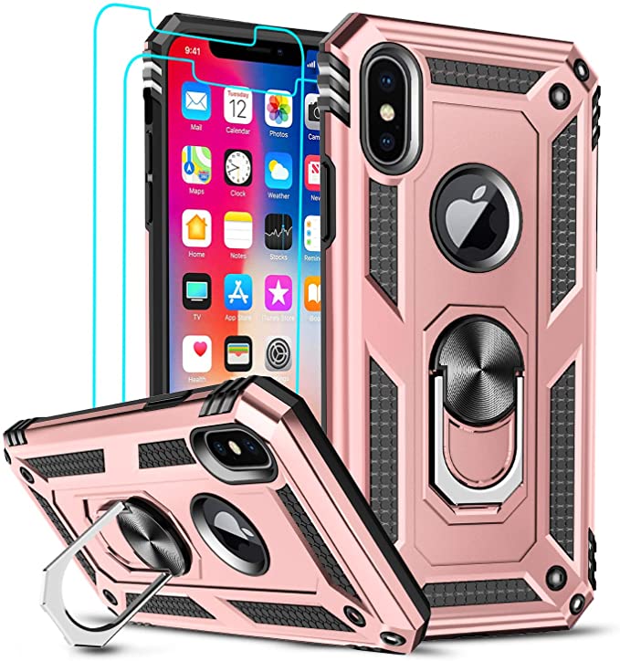 LeYi Compatible for iPhone Xs Max Case (Not Fit iPhone Xs) with Tempered Glass Screen Protector [2Pack] for Women Men, Military-Grade Phone Case with Ring Kickstand for iPhone Xs Max, Rose Gold