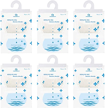 Freegrace Moisture Absorber Hanging Bags - Natural Dehumidifier Packets for Closet, Wardrobe, Kitchen, Bathroom - Humidity Removal Desiccant Hangers - 11.64oz Calcium Chloride Dihydrate (6)