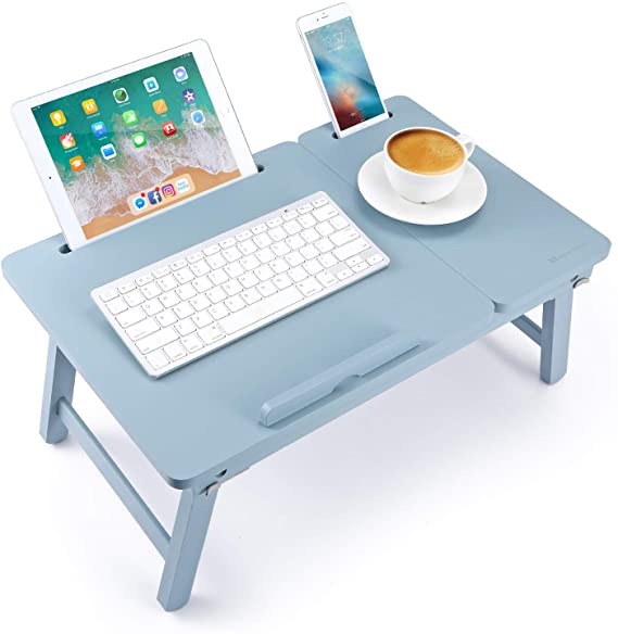 Nnewvante Lap Desk Bed Tray Table Foldable Laptop Desk Bamboo Breakfast Serving Tray w' Tilting Top Drawer Tablet Slots, Blue