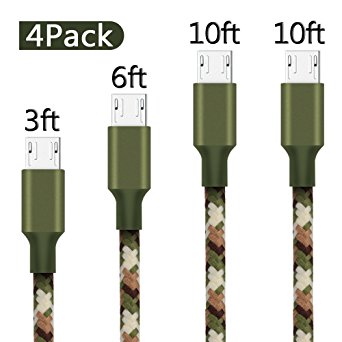 AOFU Micro USB Cable,4Pack 3FT 6FT 10FT 10FT Nylon Braided High Speed Android Charger USB to Micro USB Cable Samsung Fast Charger Charging Cord for Samsung Galaxy S7 Edge/S6/S4/Note 5/ 4(CamoGreen)