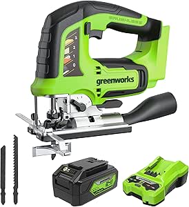 Greenworks 24V Brushless 1" Cordless Jig Saw (3,000 SPM / 4 Settings / LED Light), 4.0Ah USB Battery and Charger Included