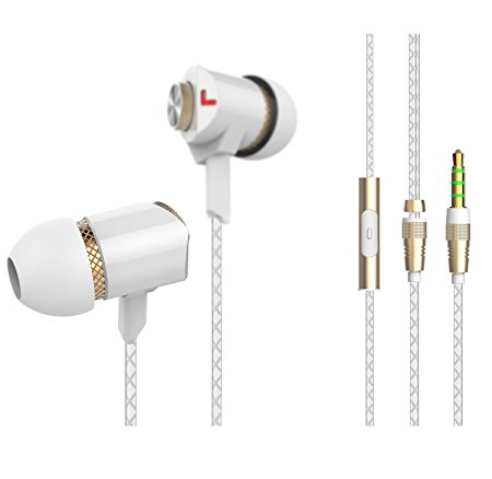 In-Ear Stereo Ceramic Earbud Earphones Headphones,Handsfree, Passive Noise Cancelling, Corded Headset with Mic for Smartphones (White)