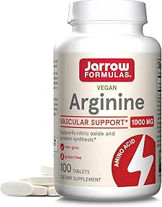 Jarrow Formulas Arginine 1000 mg, Dietary Supplement, Supports Nitric Oxide Production, Supports Protein Synthesis, 100 Tablets, Up to 100 Day Supply