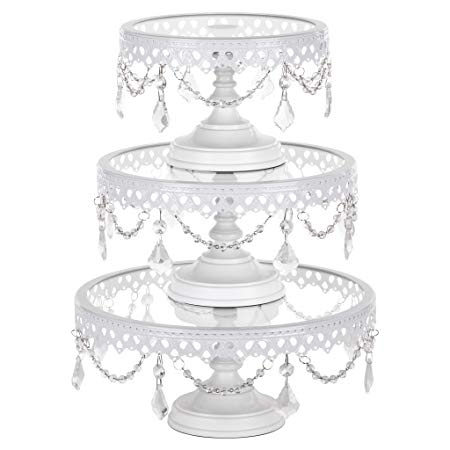 Victoria White Cake Stand Set of 3, Round Glass Plate Metal Dessert Cupcake Pedestal Wedding Party Display with Crystals