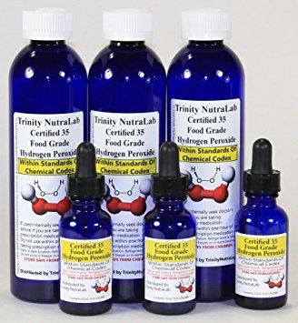 Trinity NutraLab 35 Percent Food Grade Hydrogen Peroxide PLUS with Pre-Filled H2O2 Cobalt Dropper Bottle , 8 oz., Pack of 3
