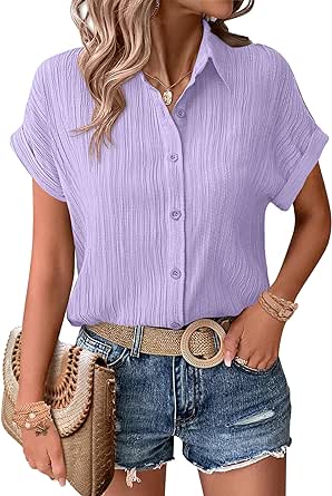 Zeagoo Womens Button Down Shirts Casual Short Sleeve Dress Shirt Textured Collared Summer Work Blouse