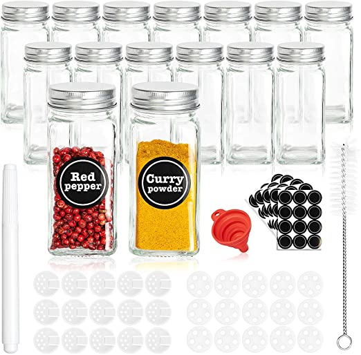 Glass Spice Jars with Shaker Lids, 15 PCS Square Spice Bottles 120ml for Spice Cabinet, Empty Seasoning Jars with Shaker Lids ,Airtight Metal Caps, Funnel, Labels, for Spice Herbs Seed Storage