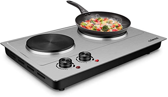 Hot Plate, CUSIMAX 1800W Portable Countertop Burners, Double Burners Electric Cast Iron Cooktop, Compatible with All Cookware, Easy to Clean