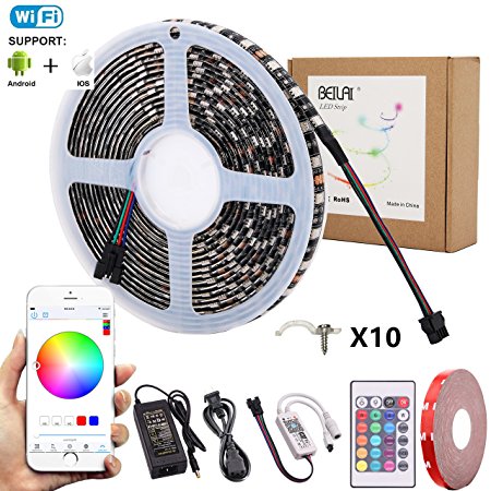 RGB LED Light Strip Kit, BEILAI Wifi Wireless Smart Phone Controlled 16.4Ft (5M) 300leds 5050 DC 12V Waterproof LED Strip Lights Flexible Neon Tape, Working with Android and IOS System,Alexa