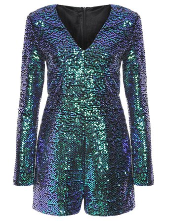 ROMWE Women's Long Sleeve V Neck Sequin Bodycon Party Romper Dress