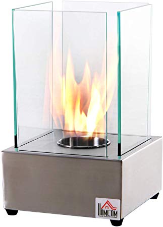 HOMCOM Freestanding Tabletop Ventless Bio Ethanol Fireplace Glass - Stainless Steel