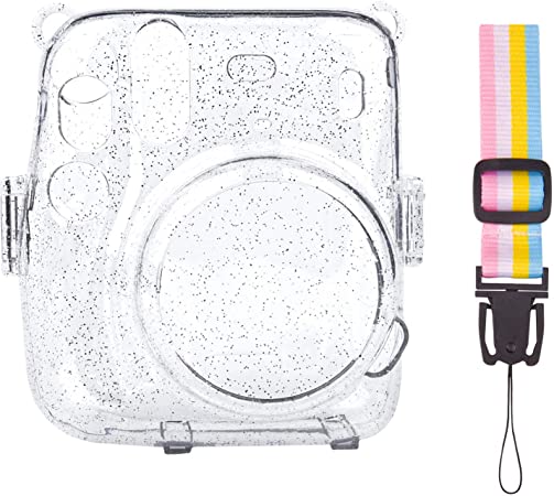 SUNMNS Clear Crystal Protective Case Compatible with Fujifilm Instax Mini 11 Instant Camera, Hard PVC Cover with Removable Rainbow Shoulder Strap (Shining Transparent)