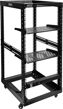 RIVECO 22U Open Frame Server Rack with Brake Casters  19" Rail Mounting PDU (8 Outlets) Power Strip with Surge Protector   2 pcs Shelves Cantilever Tray Set Black