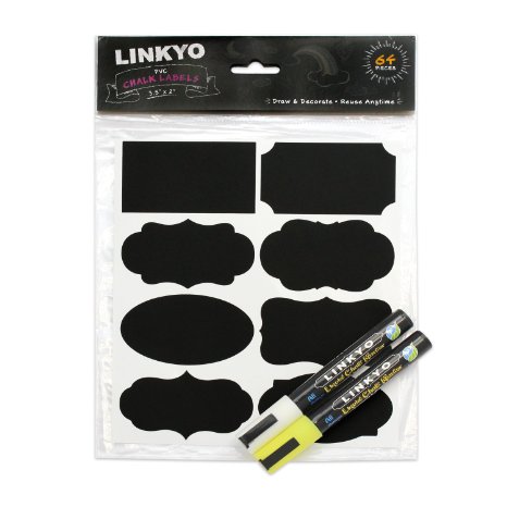 64-Pack LINKYO Removable Chalkboard Labels with 2 Markers Yellow and White - Large Perfect for Jars and Canisters