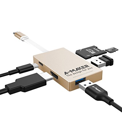 USB C Adapter, A-Maker [6-in-1] Type-C Hub USB-C 3.1 to HDMI Adapter 4K USB 3.0 SD/TF Card Reader for MacBook Pro/Google Pixel and More Multi-Port Charging & Connecting Thunderbolt Adapter (Rose Gold)
