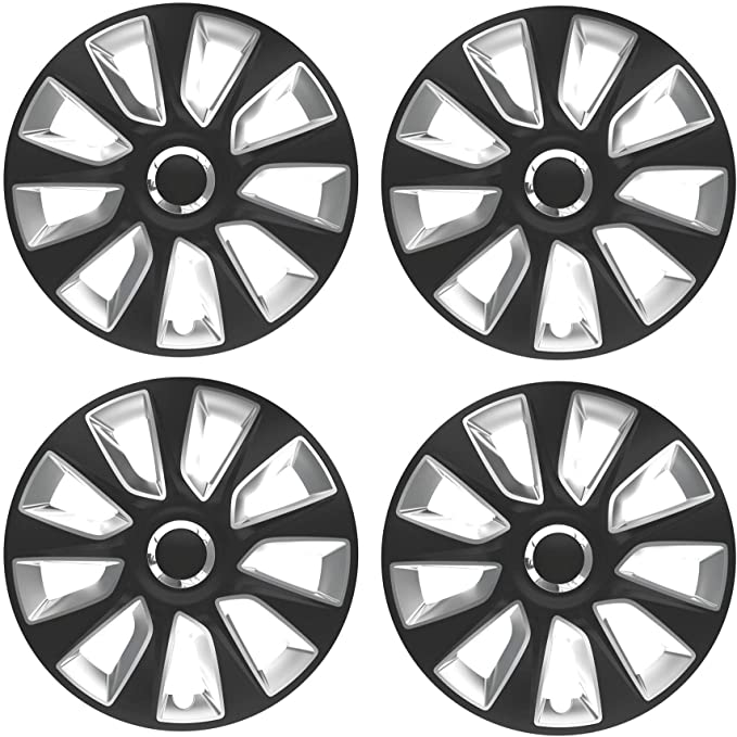 UKB4C 15" Alloy Look Black & Silver Stripe Multi-Spoke Wheel Trims Hub Caps Covers Protectors
