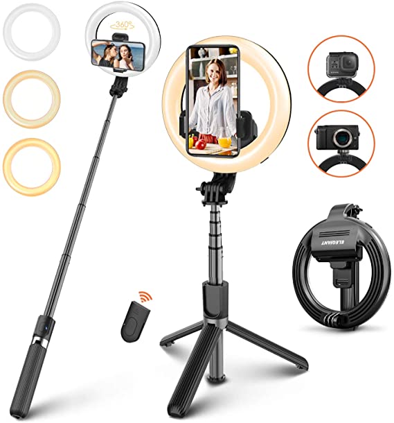 Selfie Stick Tripod with Ring Light, ELEGIANT 6.3" Dimmable Ringlight with Bluetooth Remote & Hot Shoe Adapter for YouTube Live Stream Photography Tiktok Compatible with iPhone Android Gopro Camera