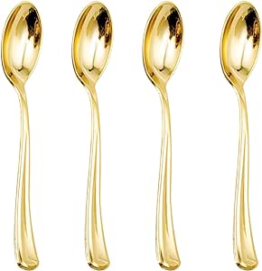 WDF 100 Pack Gold Plastic Spoons Disposable - 6.9 Inch Gold Spoons Heavy Duty Plastic Spoons, Modern Gold Disposable Spoons Perfect for Parties, Weddings