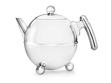 bredemeijer Bella Ronde Double Walled Teapot, 1.5-Liter, Stainless Steel Glossy Finish with Chromium Accents