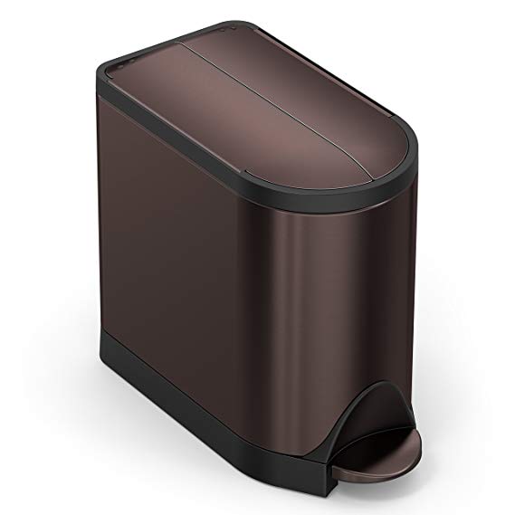 simplehuman 10 Liter / 2.6 Gallon Butterfly Lid Bathroom Step Trash Can, Dark Bronze Stainless Steel