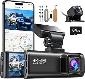 REDTIGER F7N 4K Dual Dash Cam with Multi-Size Hardwire Kit with 64GB Card, Built-in WiFi GPS Front 4K/2.5K and Rear 1080P Dual Dash Camera for Cars