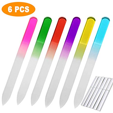 Glass Nail Files (6PCS) Crystal Glass Nail File Set by LURICO - Glass Manicure Tools - Glass Fingernail Files for Natural & Acrylic Nails Double Side Nail Care with Case- 6 Color