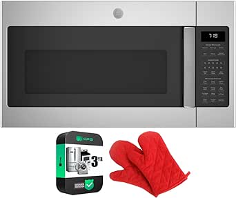 GE JVM7195SKSS 1.9 Cu. Ft. Over-the-Range Sensor Microwave Oven Stainless Steel Bundle with Deco Chef Pair of Red Heat Resistant Oven Mitt and 3 YR CPS Enhanced Protection Pack