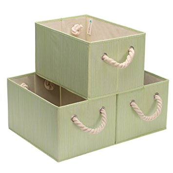 StorageWorks Polyester Storage Box with Strong Cotton Rope Handle, Foldable Basket Organizer Bin, Green-Yellow, Bamboo Style, Large, 3-Pack