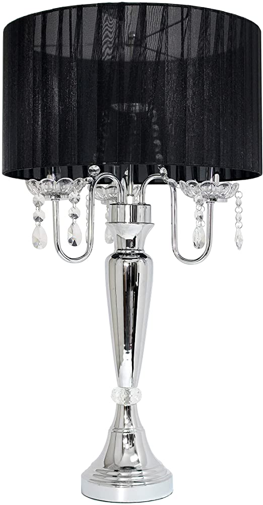 Elegant Designs LT1034-BLK Trendy Romantic Sheer Shade Hanging Crystals Table Lamp, Black