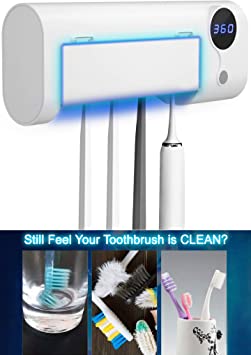 LASR UV Toothbrush Sanitizer Wall Mounted Bathroom LED UV Toothbrush Organizer Timing Function 4 Slots for Family Ladies Men Baby Kids Bathroom