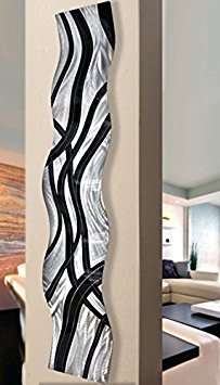 Abstract Silver and Black Metallic Wall Sculpture Accent - Contemporary Modern Home Office Decor Metal Art Hanging - Crossroads Wave by Jon Allen - 46" x 10"