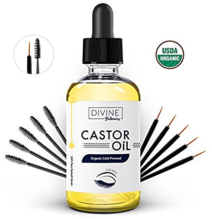 Big 2 oz Pure Organic Castor Oil With Set of 10 Brushes for Eyeliner & Eyelash Growth Serum - Grows Longer, Thicker Eyelashes & Beautiful Eyebrows. Rich in Vitamin E, Triglycerides, Minerals, Proteins