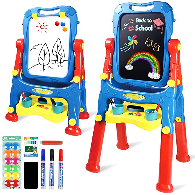 AMOSTING Easel Kids Adjustable Art Easel for Toddlers with Magnetic Whiteboard & Chalkboard, Drawing Board Toys for Boys & Girls