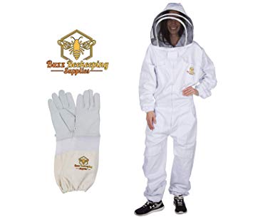 Professional Beekeeping Suit Goatskin Gloves (1 Pair) and Bee Stickers Self-Supporting Fencing Veil and YKK Metal Zippers for Bee Keepers Easily Take On and Off (Large)