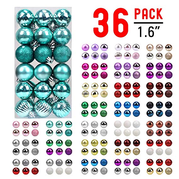 walsport Christmas Balls Ornaments for Xmas Tree, 36ct Plastic Shatterproof Baubles Colored and Glitter Christmas Party Decoration 1.6inch Set (Teal)