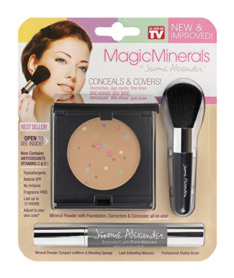 MagicMinerals by Jerome Alexander (3pc Kit) - Mineral Powder Compact, Blending Sponge, Stubby Brush & BONUS Black Lash Extending Mascara - Foundation, Concealer and Corrector All-In-One! Medium Shade