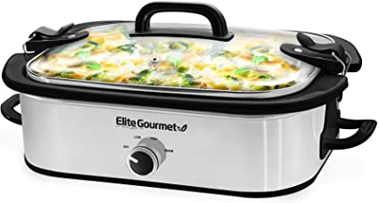 Elite Gourmet MST-5240SS Crock Slow Cooker, Locking Lid Adjustable Temperature Keep Warm Oven & Dishwasher-Safe Casserole Pan, 3.5Qt Capacity, Stainless Steel