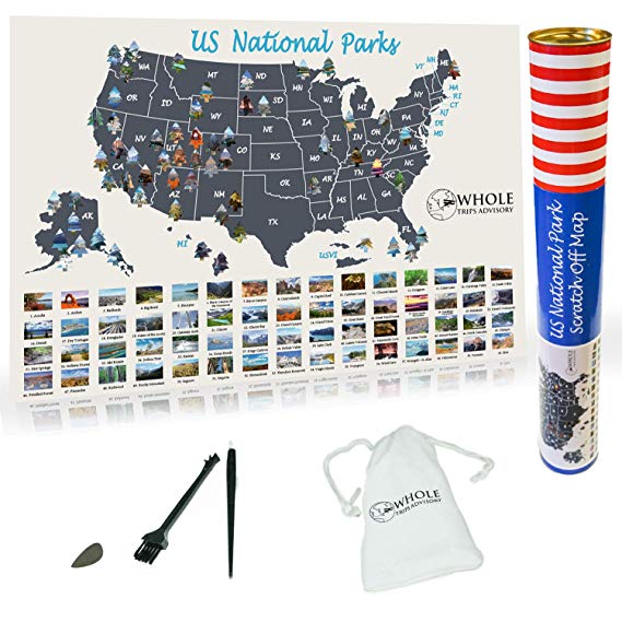 US National Parks Scratch Off Travel Map - Large Scratch Off National Parks Poster 24"x 17" 60 US National Parks. Gold Foil Featuring Detailed Images. Includes Scratch Off Pen, Pick and Brush