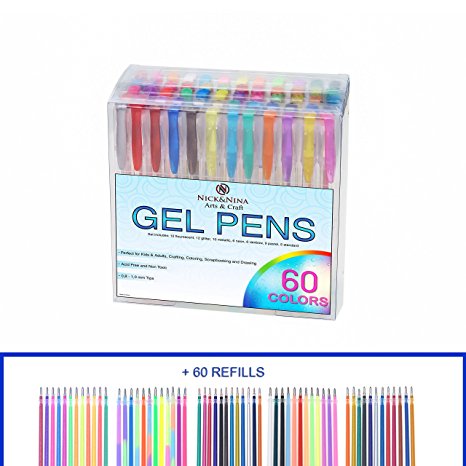 Gel-Pen-Set of 60 Colored Ink Pens | For Adult Coloring Books | Crafting | Scrapbooking | Drawing & Glitter