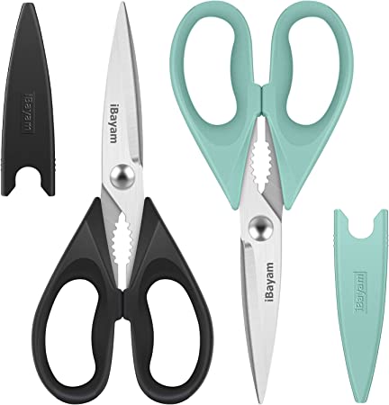 Kitchen Shears, iBayam Kitchen Scissors Heavy Duty Meat Scissors Poultry Shears, Dishwasher Safe Food Cooking Scissors All Purpose Stainless Steel Utility Scissors, 2-Pack, Black, Aqua Sky