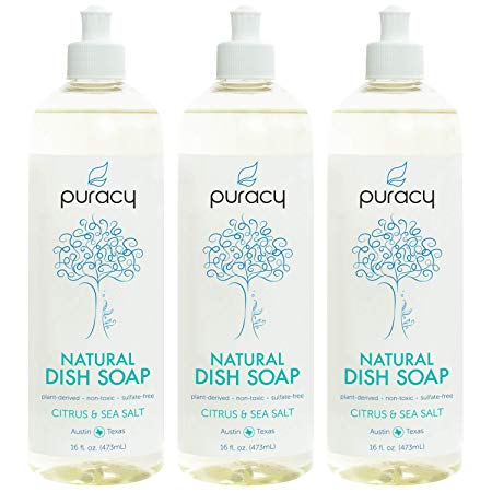 Puracy Natural Liquid Dish Soap, Sulfate-Free Detergent, Citrus & Sea Salt, 16 Ounce (3-Pack)