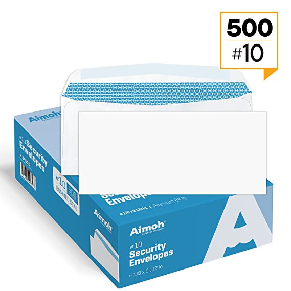 500 #10 Security White Envelopes - GUMMED Seal, Windowless Design, Premium Security Tint Pattern for Secure Mailing - Size 4-1/8 x 9-1/2 Inches - White - 24 LB - 500 Count (34020)