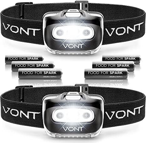 Vont "Spark" LED Headlamp [Batteries Included, 2 Pack] IPX5 Waterproof, with Red Light, 7 Modes, Head Lamp, for Running, Camping, Hiking, Fishing, Jogging, Headlight Headlamps for Adults & Kids