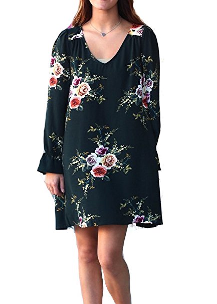 Women's Boho Floral Print Chiffon Cocktail Dress Long Sleeve V-neck Casual Loose Fit