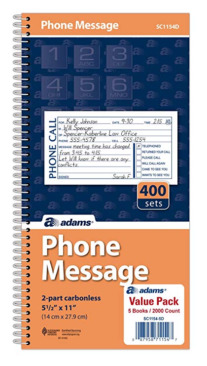 Adams Message Book/Phone Call, Carbonless Duplicate, 5.50 x 11 Inches, 400 Sets per Book (SC1154D)(5-pack of books)