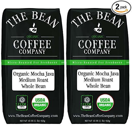 The Bean Coffee Company Organic Mocha Java, Medium Roast, Whole Bean, 16-Ounce Bags (Pack of 2)