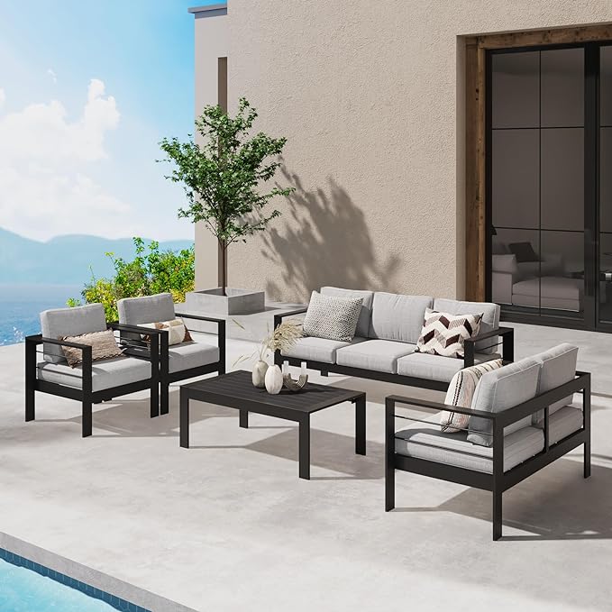 Wisteria Lane Aluminum Patio Furniture Set, 5 Piece Outdoor Conversation Set, Sectional Metal Sofa with 5 Inch Cushion and Coffee Table for Balcony, Backyard, Garden, Black Frame and Grey Cushion