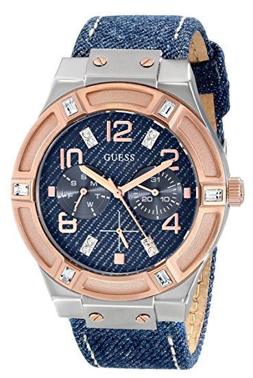 GUESS Women's U0289L1 Silver and Rose Gold-Tone Multi-Function Watch with Denim Strap