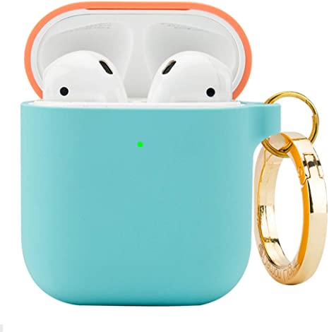 DamonLight Premium Silicone Airpods Case with Carabiner [Front LED Visible][with no Hinge] Full Protective Cover Skin Compatible with Apple Airpods 1&2 (Pink Ice Blue)
